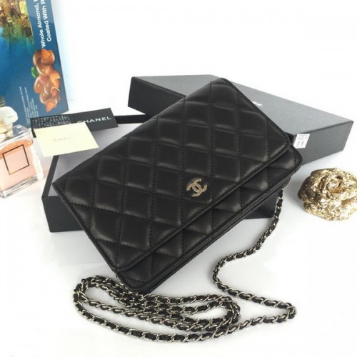 Chanel mini borsa con patta nera pelle di pecora originale A33814 argento