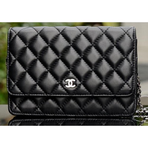Chanel mini borsa con patta in pelle di montone nera A33814 argento