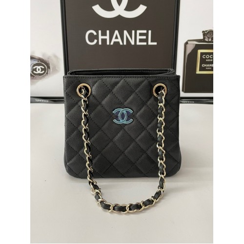 Borsa a tracolla mini Chanel Pelle di vitello granulata e metallo tonalità oro AB3176 nera
