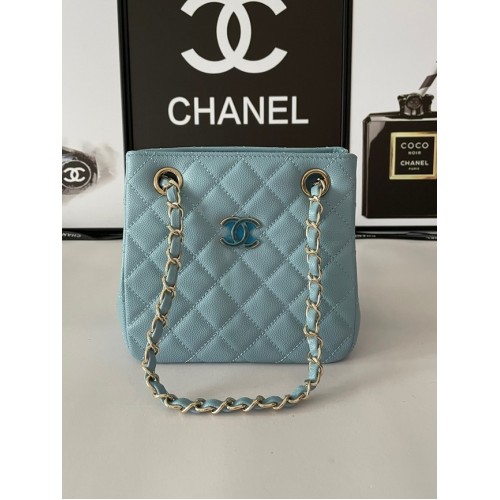 Borsa a tracolla mini Chanel Pelle di vitello granulata e metallo effetto dorato AB3176 blu