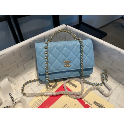 Borsa a tracolla mini Chanel Pelle di vitello granulata e metallo dorato AP2804 azzurro