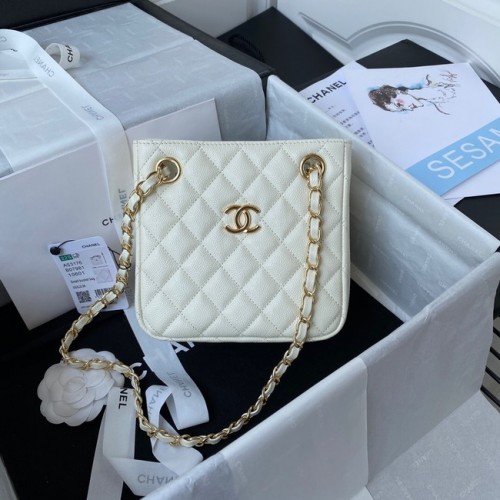 Borsa a tracolla mini Chanel Pelle di vitello granulata e metallo effetto dorato AS3176 bianca