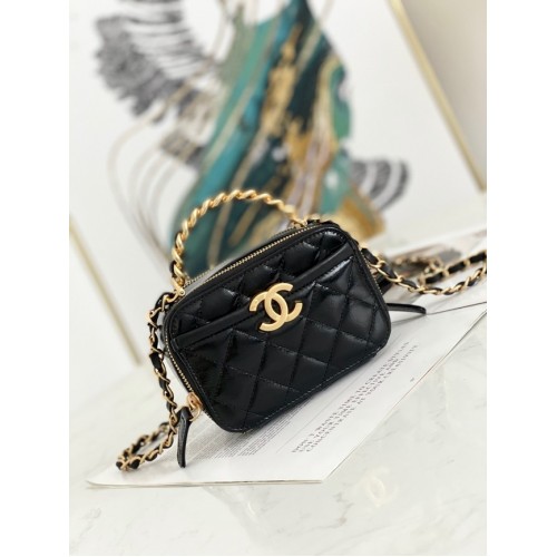 Chanel mini borsa a tracolla in pelle di agnello in metallo dorato AS2178 nera
