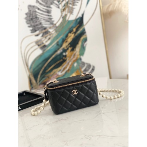 Chanel mini borsa a tracolla pelle di agnello imitazione perle metallo tono oro AS91192 nera