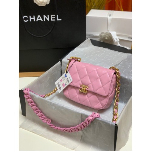 Borsa a tracolla mini Chanel in pelle di agnello e metallo dorato AS3205 rosa