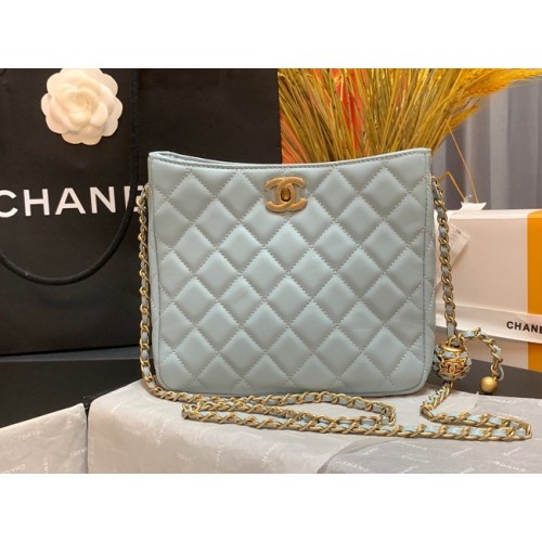 Borsa a tracolla mini Chanel in pelle di agnello e metallo dorato AS3259 celeste