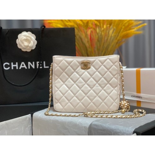 Borsa a tracolla mini Chanel in pelle di agnello e metallo dorato AS3259 bianca