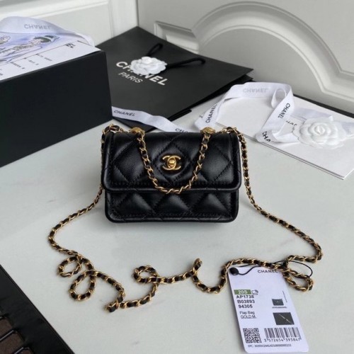 Borsa Chanel mini con patta Pelle di montone in metallo dorato AP1738 nera