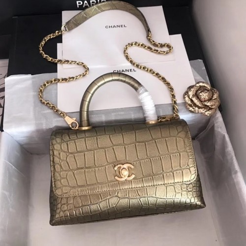 Borsa Chanel con patta originale in pelle di vitello con manico superiore A92290 metallo color bronzo e oro