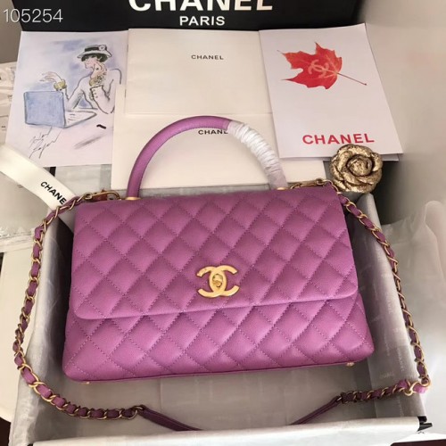 Borsa con patta originale Chanel in pelle di vitello con manico superiore A92292 Metallo violaceo e dorato