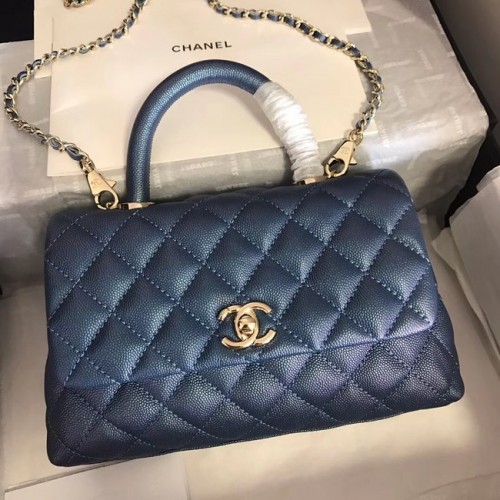 Chanel originale borsa con patta in pelle di caviale manico superiore A92290 blu e metallo tono oro