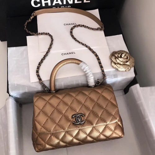 Chanel originale borsa con patta in pelle di caviale con manico superiore A92290 bronzo e metallo tono argento