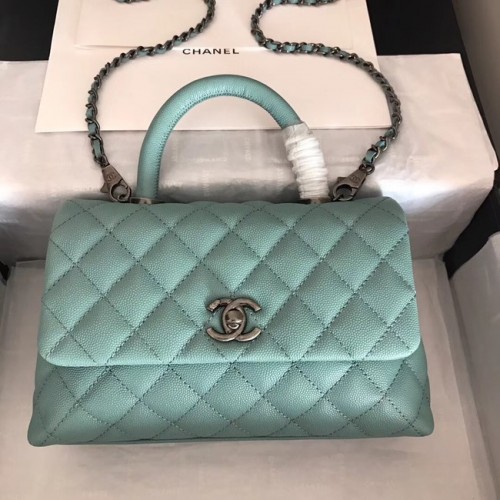 Chanel originale borsa con patta in pelle di caviale manico superiore A92290 verde e metallo tono argento