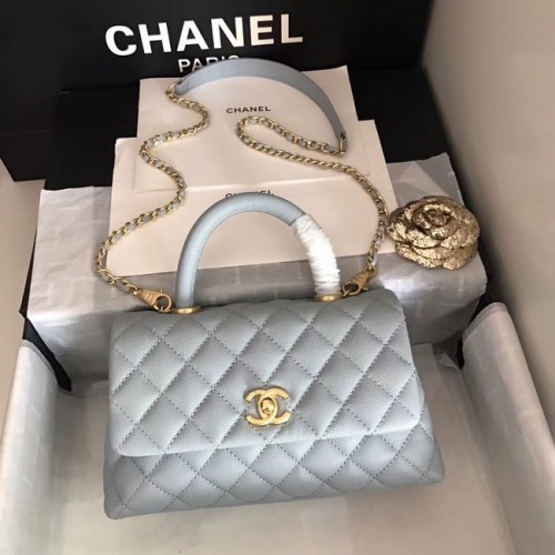 Borsa originale Chanel con patta in pelle Caviar con manico superiore A92290 azzurro e metallo tonalità oro