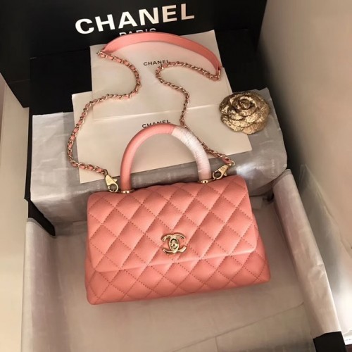 Borsa originale Chanel con patta in pelle Caviar manico superiore A92290 rosa e metallo tonalità oro