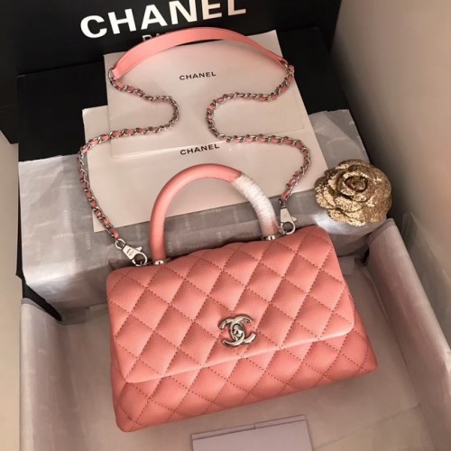 Chanel originale borsa con patta in pelle di caviale con manico superiore A92290 rosa e metallo tono argento