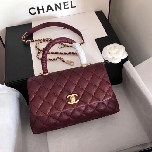 Chanel originale borsa con patta in pelle di caviale manico superiore A92290 viola e metallo tono oro
