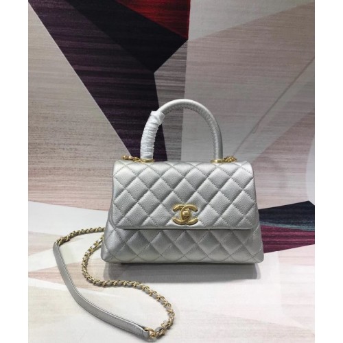 Chanel originale borsa con patta in pelle di caviale manico superiore A92290 metallo argentato e dorato