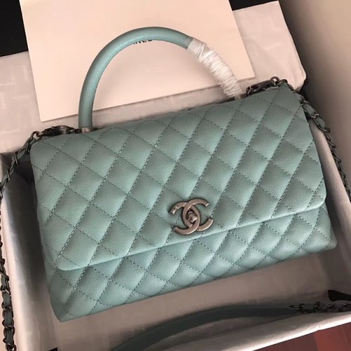 Chanel originale borsa con patta in pelle di caviale manico superiore A92292 verde e metallo tono argento