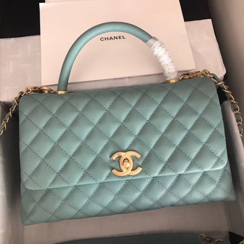 Chanel originale borsa con patta in pelle di caviale con manico superiore A92292 verde e metallo color oro