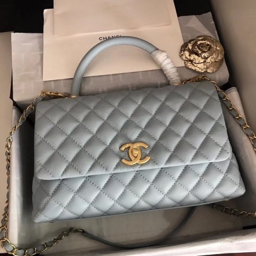 Borsa originale Chanel con patta in pelle Caviar con manico superiore A92292 azzurro e metallo tonalità oro