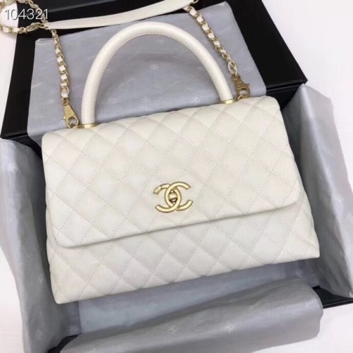 Borsa originale Chanel con patta in pelle di caviale con manico superiore A92292 bianco e metallo tono oro