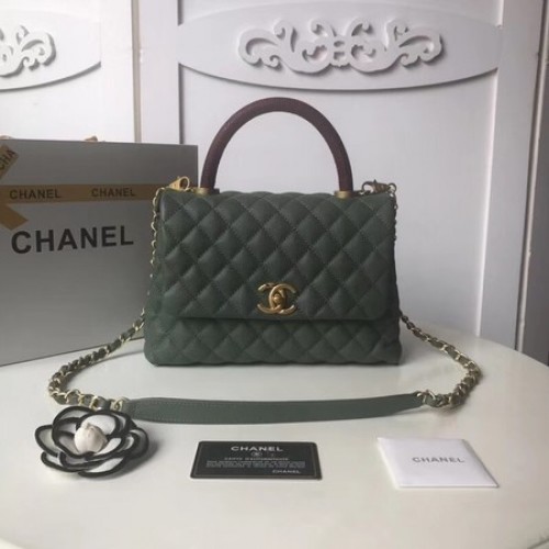 Borsa con patta in pelle di caviale originale Chanel con manico superiore A92991 Verde nerastro