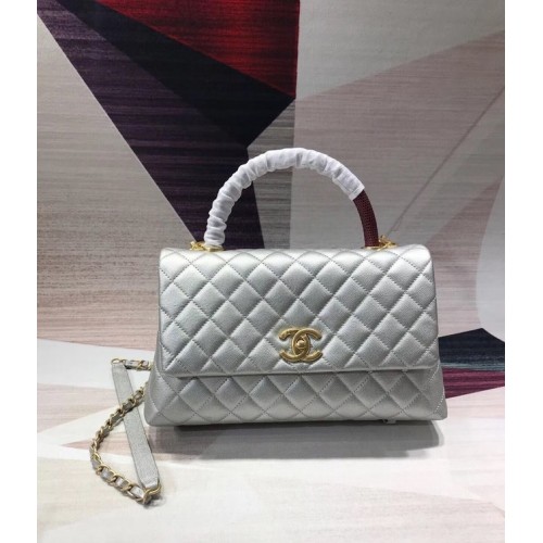 Chanel originale borsa con patta in pelle di caviale con manico superiore B92291 metallo argentato e dorato