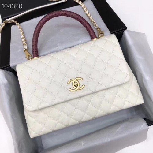 Chanel originale borsa con patta in pelle di caviale con manico superiore B92292 bianco e metallo tono oro
