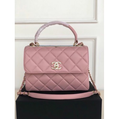 Chanel originale borsa con patta con manico superiore in pelle di agnello AS92236 rosa e metallo tonalità oro