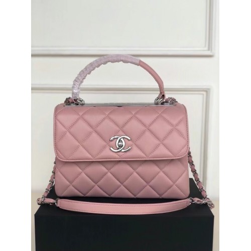 Chanel originale borsa con patta con manico superiore in pelle di agnello AS92236 rosa e metallo tono argento