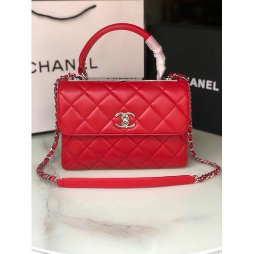 Chanel originale borsa con patta con manico superiore in pelle di agnello AS92236 rosso e metallo tono argento