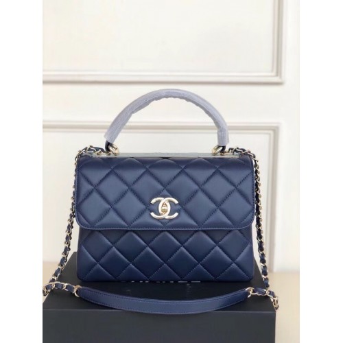 Borsa con patta Chanel originale in pelle di agnello con manico superiore AS92236 blu reale e metallo tonalità oro
