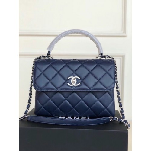 Chanel originale borsa con patta con manico superiore in pelle di agnello AS92236 blu reale e metallo tono argento