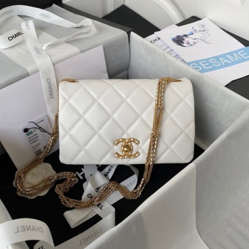 BORSA Chanel FLAP piccola Pelle di agnello Metallo tono oro AS3386 bianco