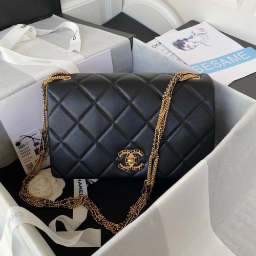 Chanel FLAP BAG piccola in pelle di agnello in metallo dorato AS3387 nera