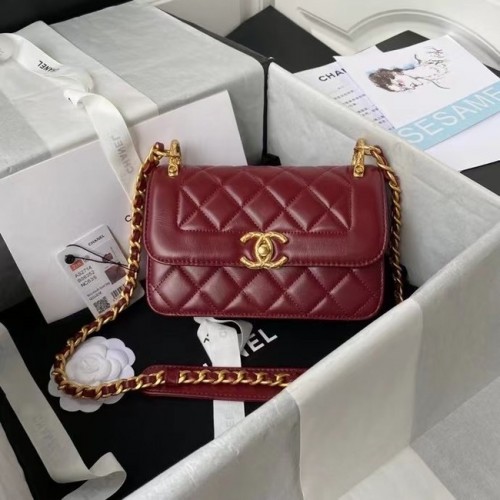 Borsa a tracolla piccola con patta Chanel Pelle originale AS2714 Vino