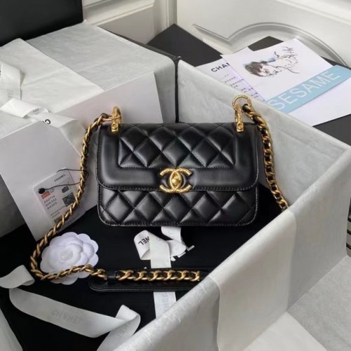 Chanel piccola borsa a tracolla con patta in pelle originale AS2714 nera