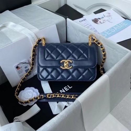 Chanel piccola borsa a tracolla con patta in pelle originale AS2714 blu