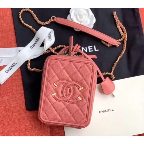 Chanel beauty case in pelle di vitello granulata in metallo color oro AS0988 rosa