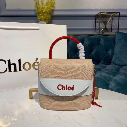 Chloe Borsa Piccola Aby Lock Chain in Pelle Di Vitello Effetto Lucertola In Rilievo Pelle Di Capra 3S035 Bianco