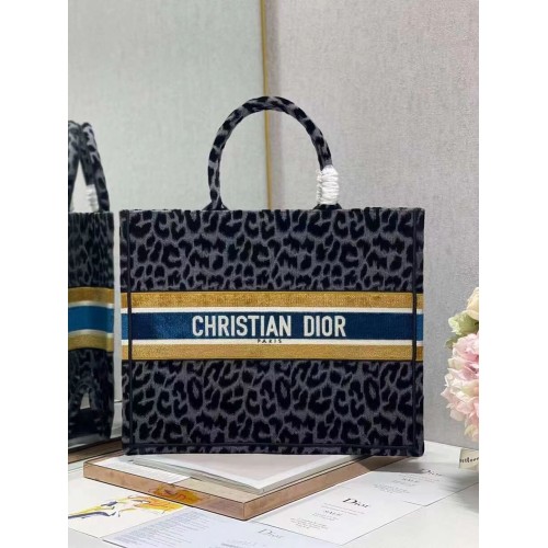 DIOR BOOK TOTE Ricamo C1286-4 Stampa leopardata nera e grigia