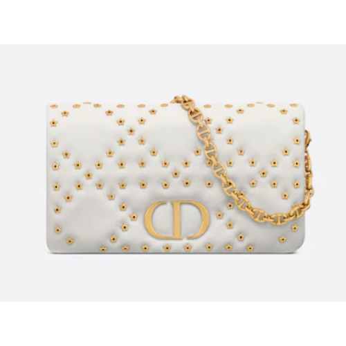 POUCH DIOR CARO MACROCANNAGE Pelle di vitello Macrocannage con motivo a stella S5135UNH bianco&oro