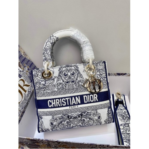 BORSA DIOR MEDIUM LADY D-LITE Blu Toile de Jouy Ricamo Reverse M0565ORGO