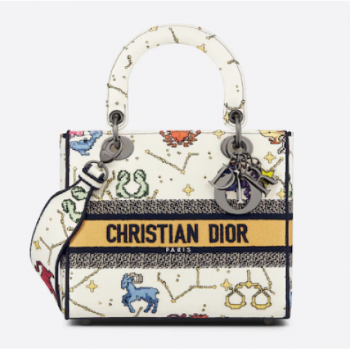 BORSA DIOR MEDIUM LADY D-LITE Ecru Multicolor Ricamo Dior Pixel Zodiac M0565BRTY