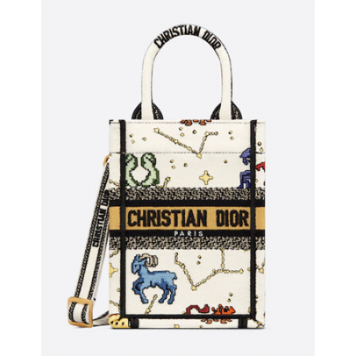BORSA PER TELEFONO TOTE MINI DIOR BOOK Latte Multicolor Dior Pixel Zodiac Embroidery S5555CR