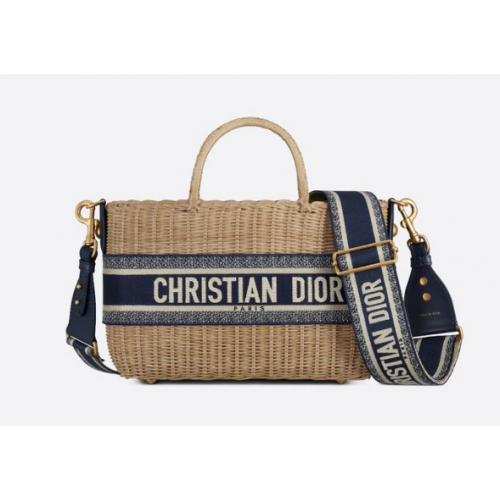 BORSA CESTINO IN VIMINI DIOR Jacquard blu Dior Oblique e vimini naturale M7601