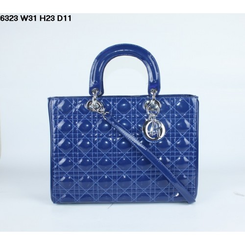 Borsa in pelle verniciata blu Christian Lady Dior 6323 argento
