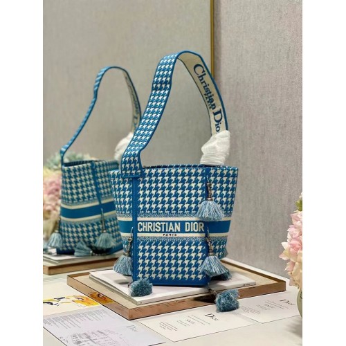 Borsa a secchiello Dior Bubble Maple Leaf ricamata C1076 blu