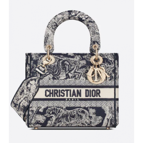 BORSA D-LITE MEDIUM LADY Dior Blu Toile de Jouy Ricamo inverso M0565